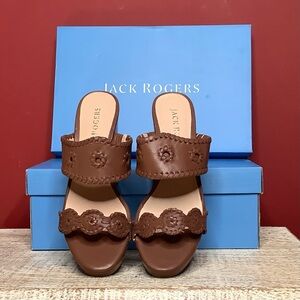 Jack Rogers Brown Size 9 1/2 Leather Floral Cutout Wedge Slide Sandal